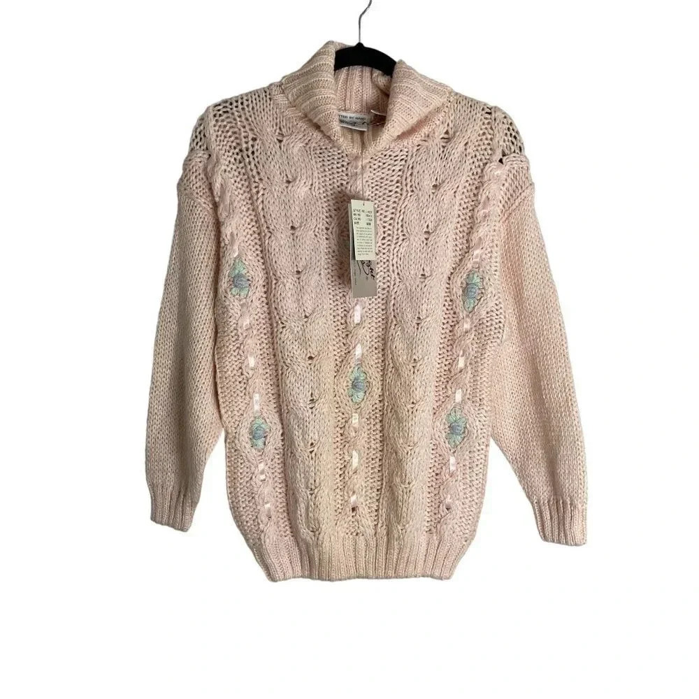NWT Grandmacore Cottagecore Vintage Pink Embroidered Ribbon Knit Sweater-sz Medi